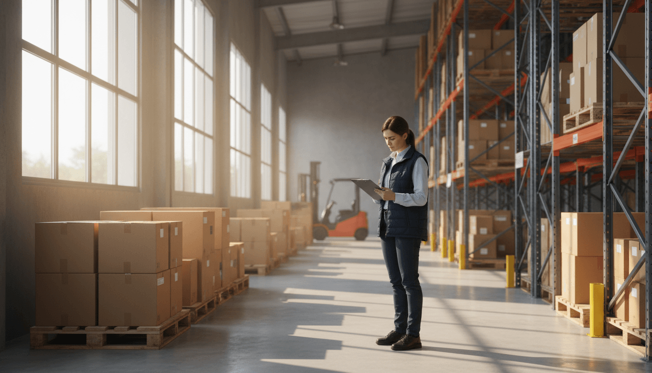 Logistics coordinator reviewing inventory in a well-organized warehouse