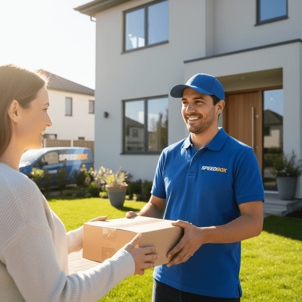 Delivery driver handing package to customer