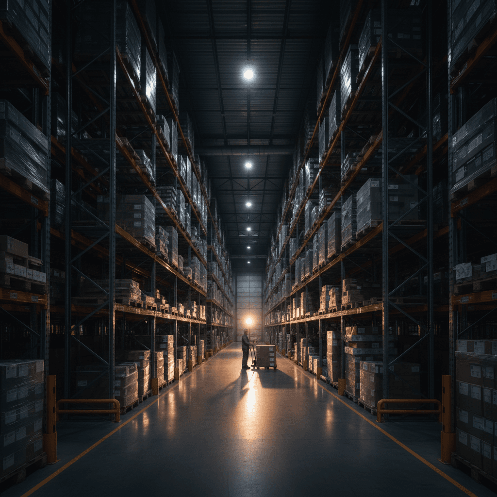 Warehouse storage with organized inventory and equipment