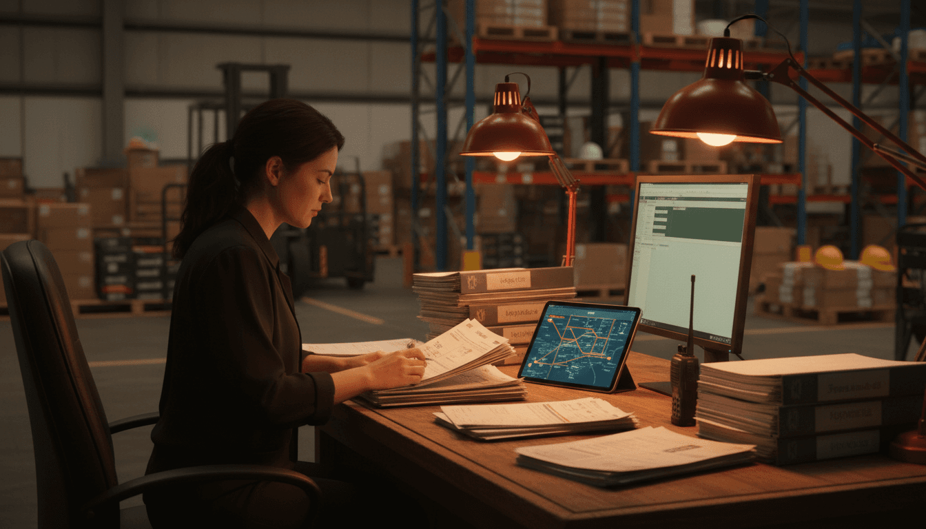 Logistics coordinator reviewing shipment documents and tracking information at workspace