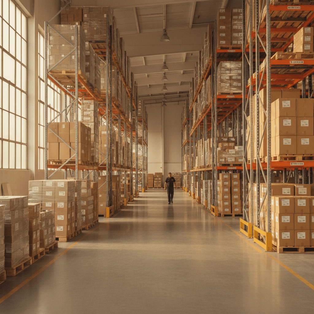 Organized warehouse with shelving and inventory