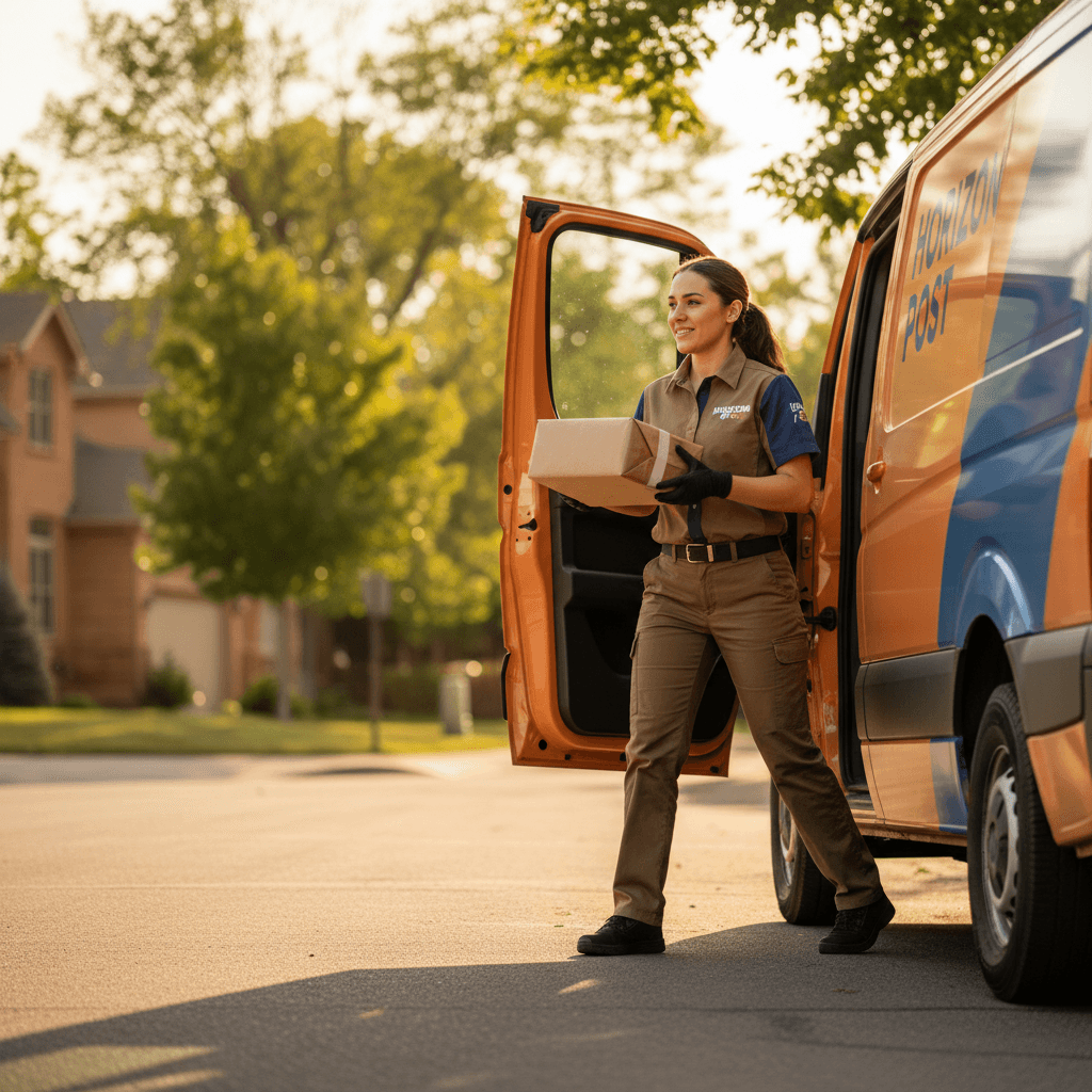 Last-mile delivery driver with package ready for customer
